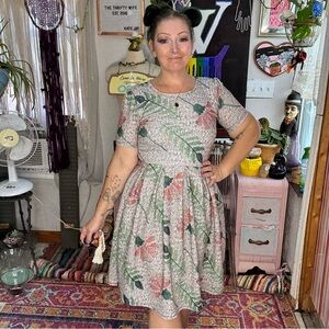 LuLaRoe Pink Floral Midi Dress with Green Leaves Size Medium